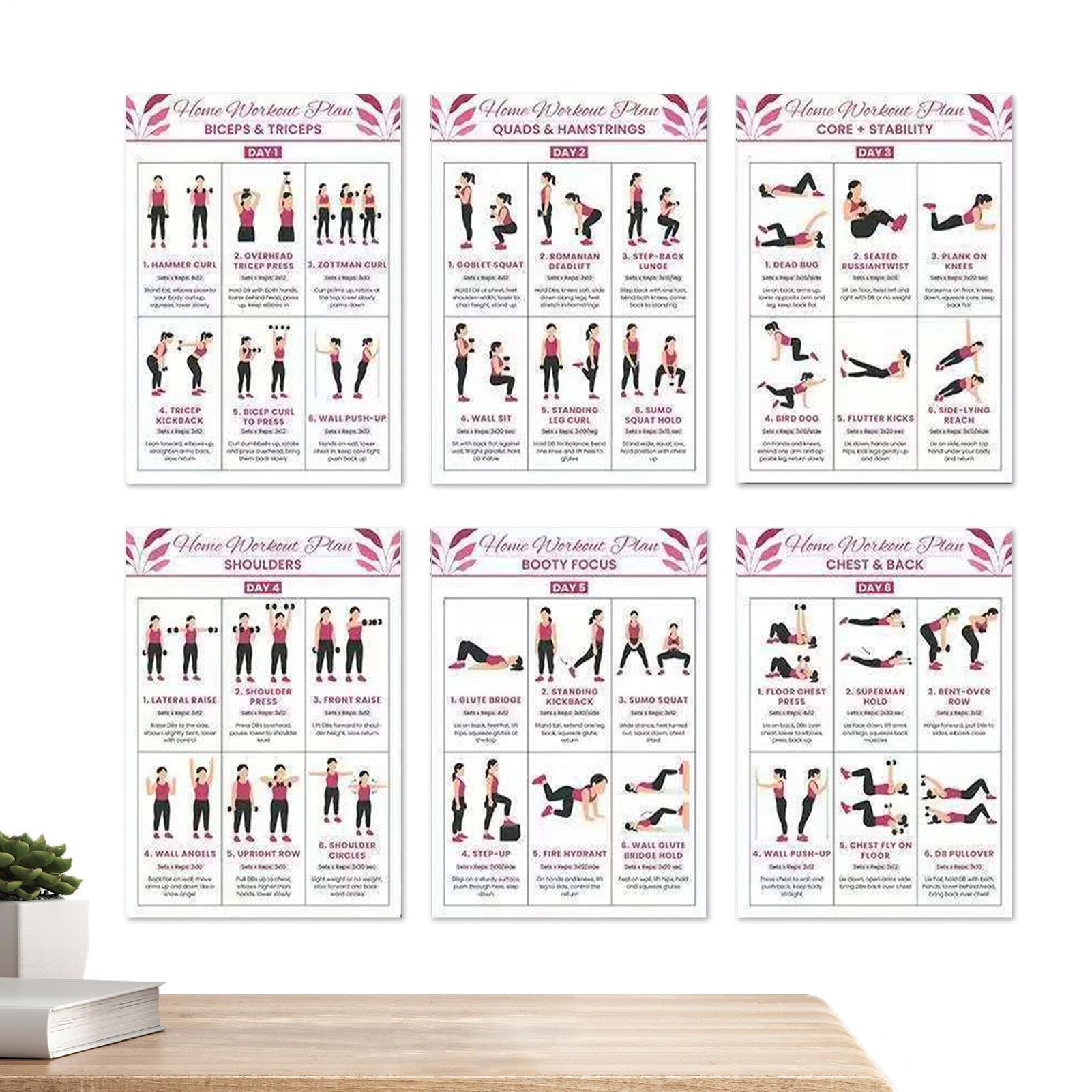 Home Gym Guide - Workout-Poster, 6-teilig, Ganzkörper-Poster für Zuhause, Fitnessstudio,