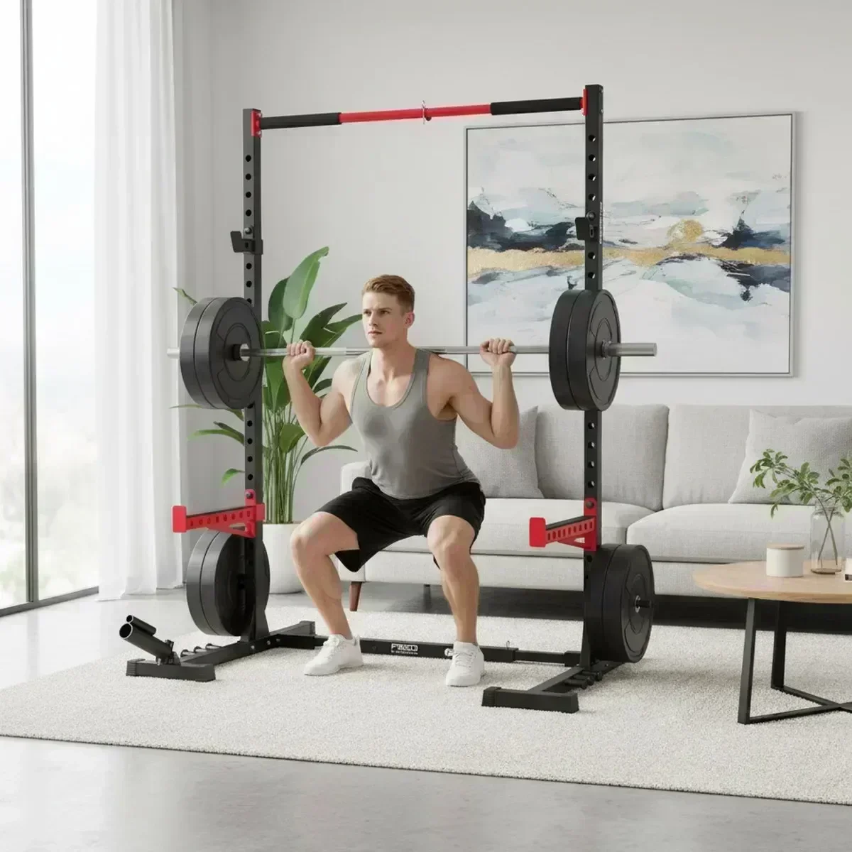 Home Gym Rack - Verstellbares Home-Gym-Kniebeugengestell mit Klimmzugstange, Hochleistungs-Stahl-Hantelkäfig für