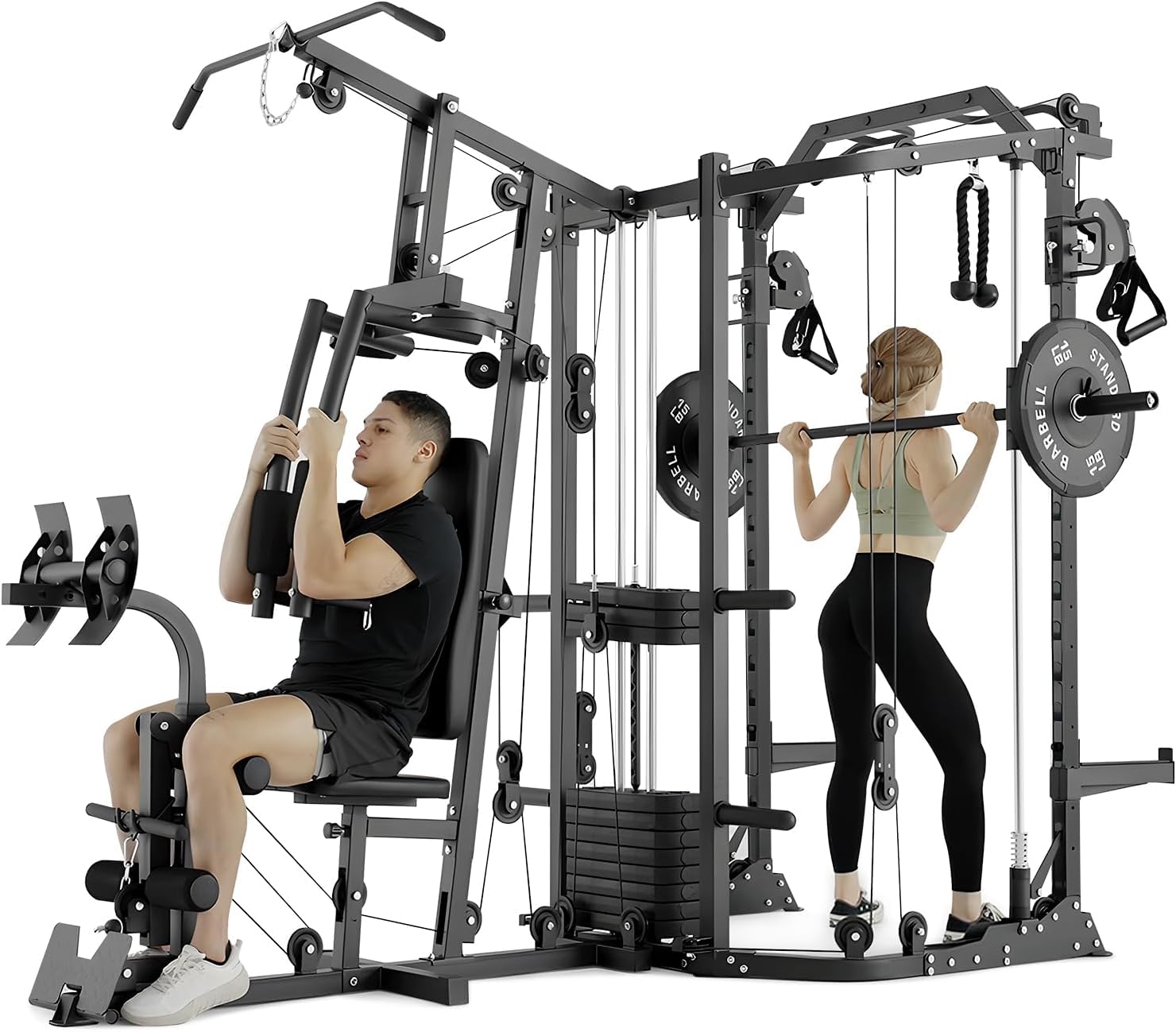 Home Gym Cable Machine With Weight Stack - Dual-Station SmithΔ Machine Power Cage, All-in-One